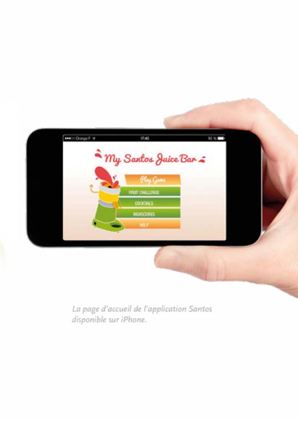 Santos a imaginé une appli mobile sur iPhone baptisée «  My Santos Juice Bar  ». L’architecture et la composition sonore ont été réalisées en collaboration étroite avec Apidev chargée du développement du programme.